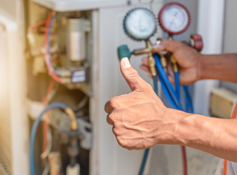 a hand giving a thumbs up while holding a pressure gauge with an hvac at the back